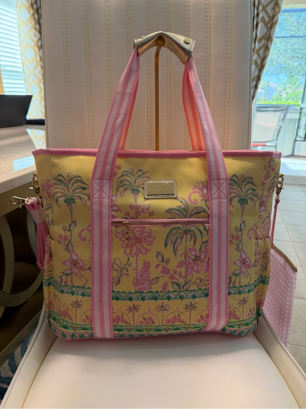 Lilly Pulitzer Yellow Tote with Pink Floral Print and Striped Handles